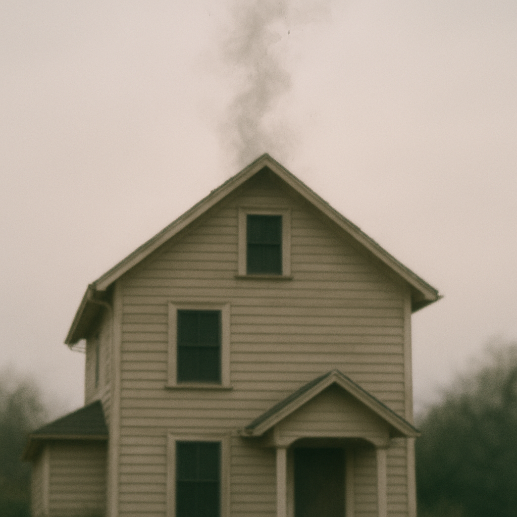 A house in soft focus with faint smoke A house in soft focus with faint smoke or ashes drifting upward.