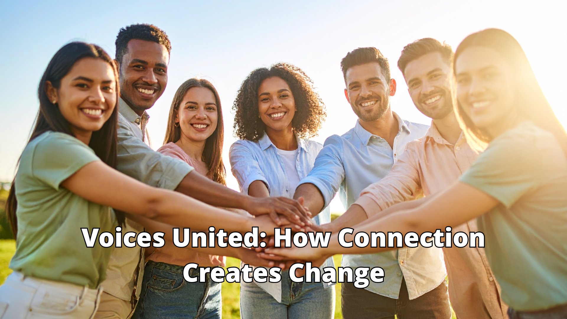 How Connection Creates Change Group of diverse people standing together with hands joined, symbolising unity and shared purpose