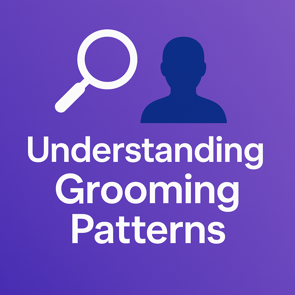 Workshop graphic titled Understanding Grooming Patterns with a magnifying glass icon and silhouette figure on a purple gradient background.
