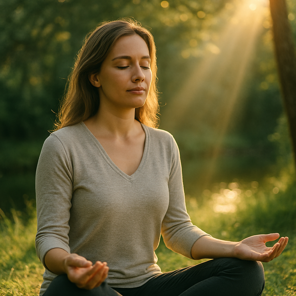 Who Empowered Me A serene woman sits cross-legged in nature, eyes closed and bathed in soft sunlight, symbolizing inner peace, guidance, and personal empowerment.