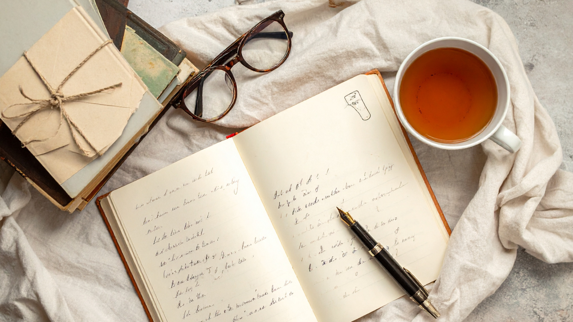 Life Rewritten Book, pen, glasses, cup of tea